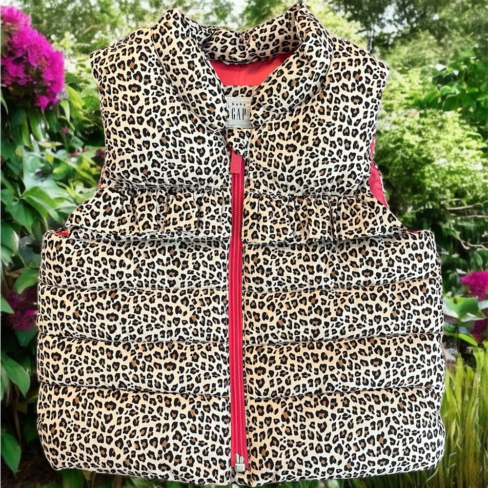 GAP Leopard Print Puffer Vest with Pink Interior